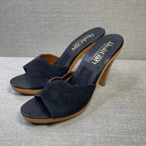 VINTAGE Quali-Temps Barbie Mules Wooden Heel shoes Size 6 Black Open Toe 70s - Picture 2 of 7